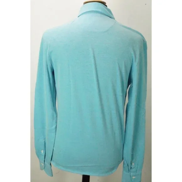 Isaia Solid Blue Green Woven Long Sleeve Cotton Button Up Polo Shirt M BRAND NEW